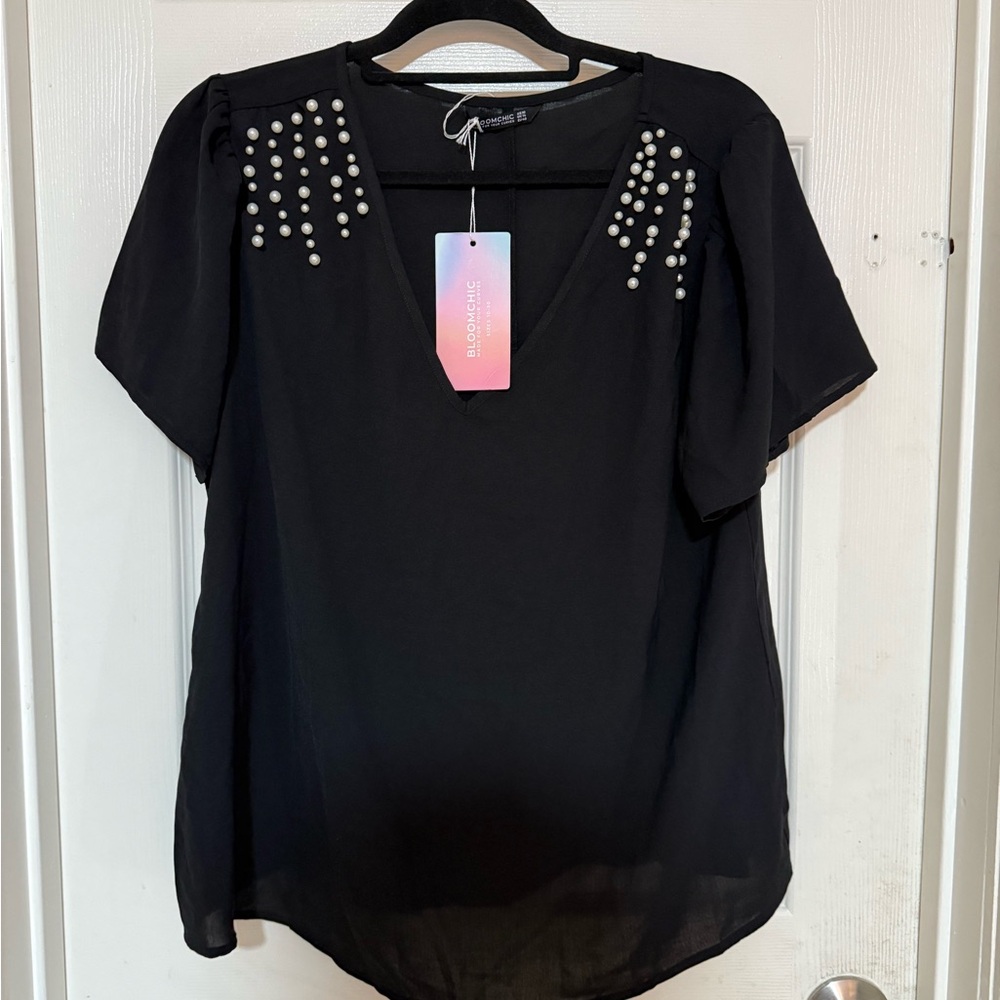 BloomChic Black Blouse with Pearl Accents